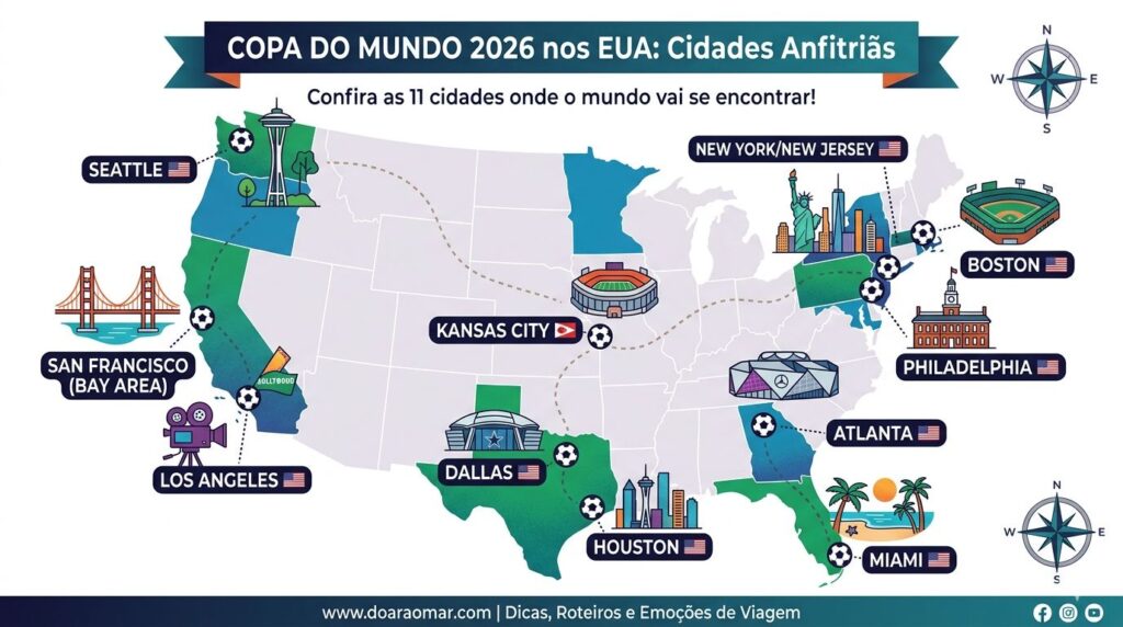 Mapa ilustrativo das cidades-sede da Copa do Mundo 2026 no Canadá para viajantes brasileiros