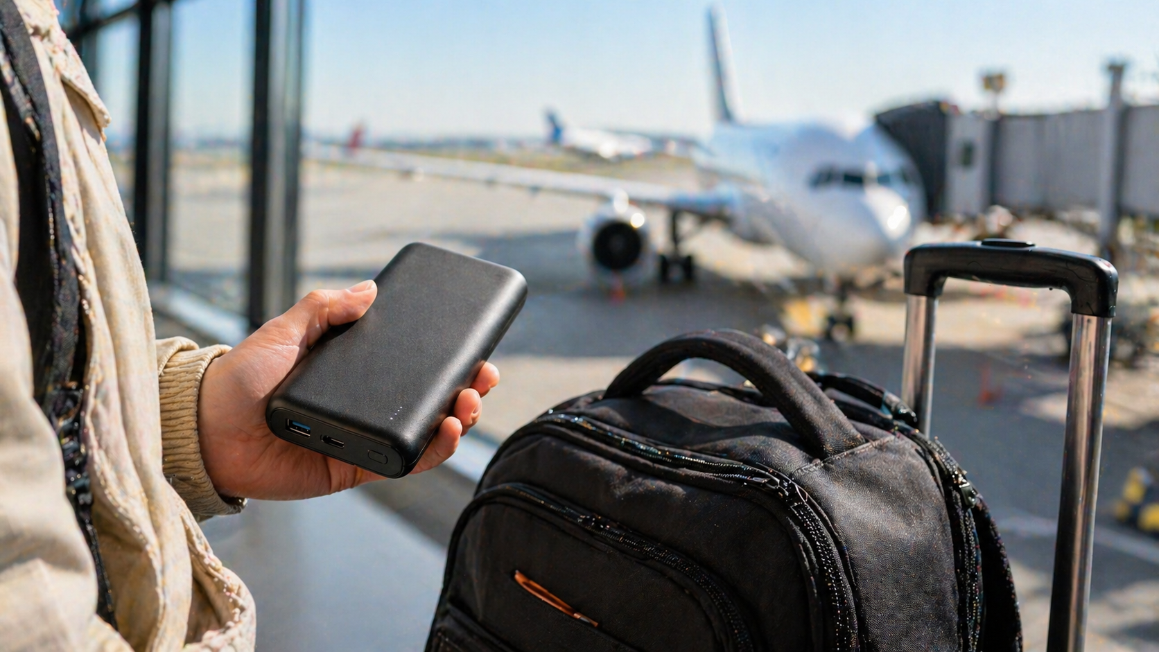 pessoa no aeroporto segurando o power bank, avisao ao fundo e bochila na cemna