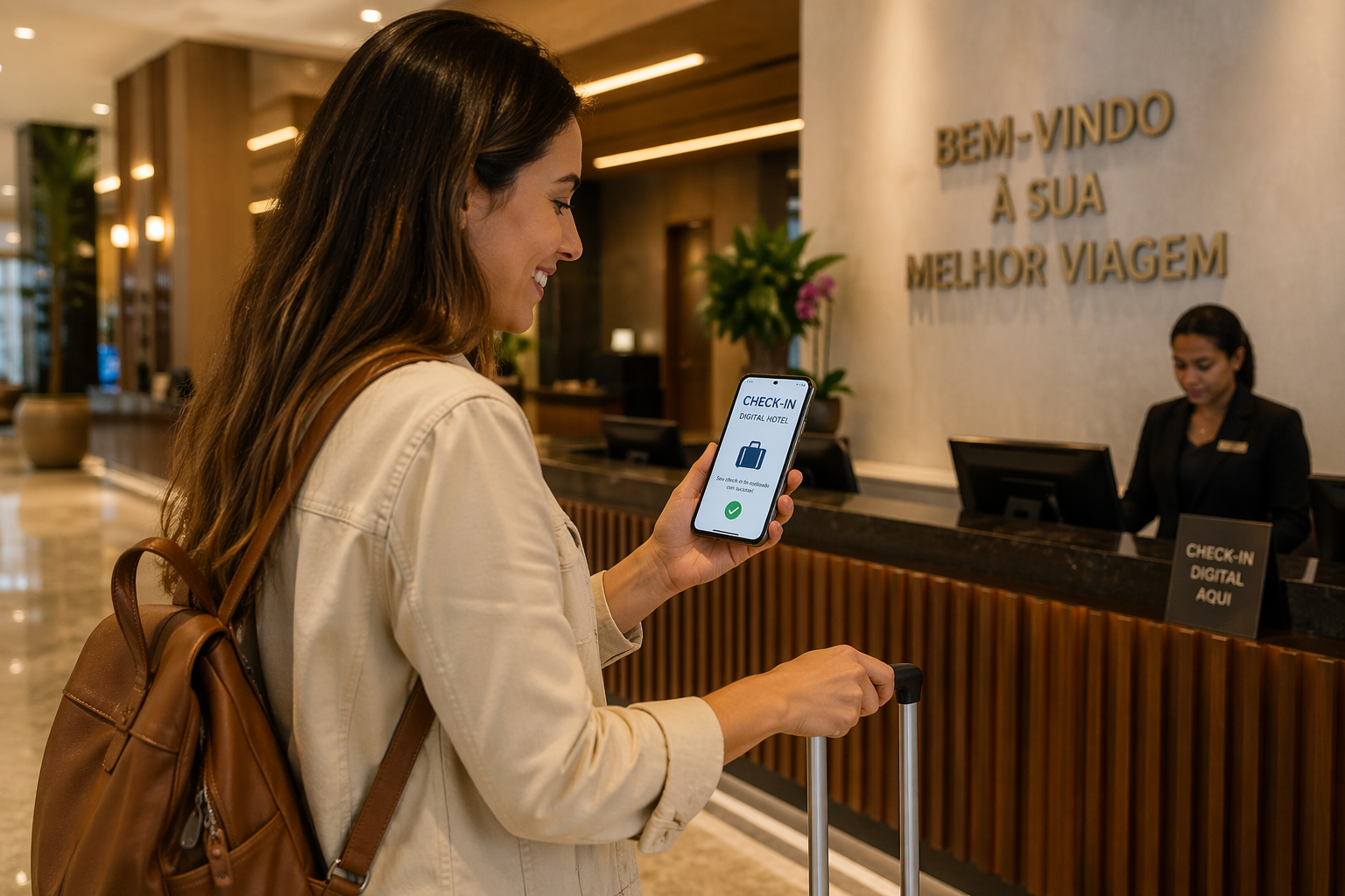 check-in digital hotel mulher usando celular na recepção de hotel no Brasil