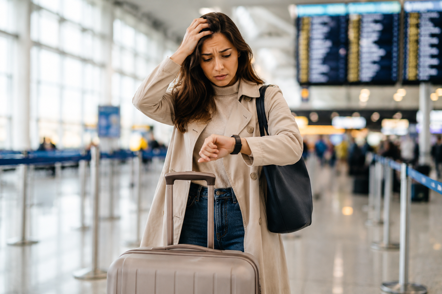 Mulher preocupada em aeroporto com mala de bordo olhando o relógio durante fila de embarque