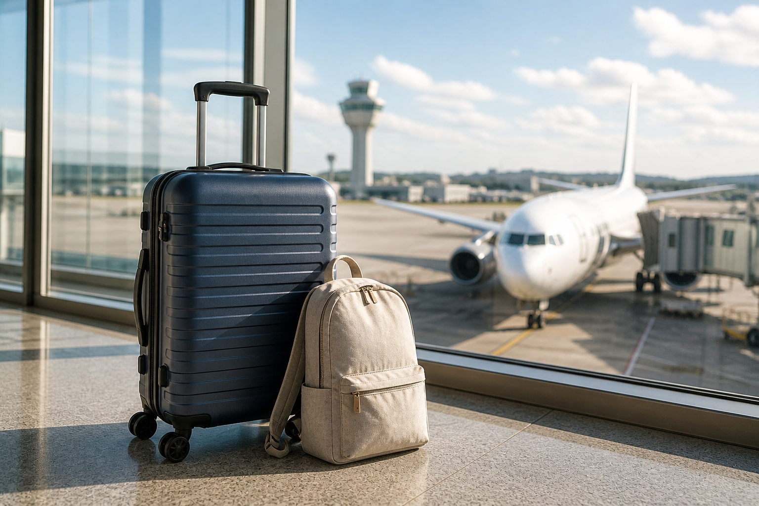 mala de bordo e mochila em aeroporto com avião ao fundo pronta para viagem