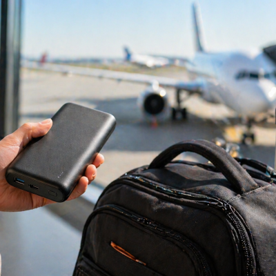 pessoa no aeroporto segurando o power bank, avisao ao fundo e bochila na cemna