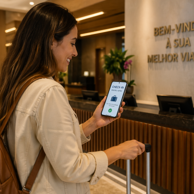 check-in digital hotel mulher usando celular na recepção de hotel no Brasil