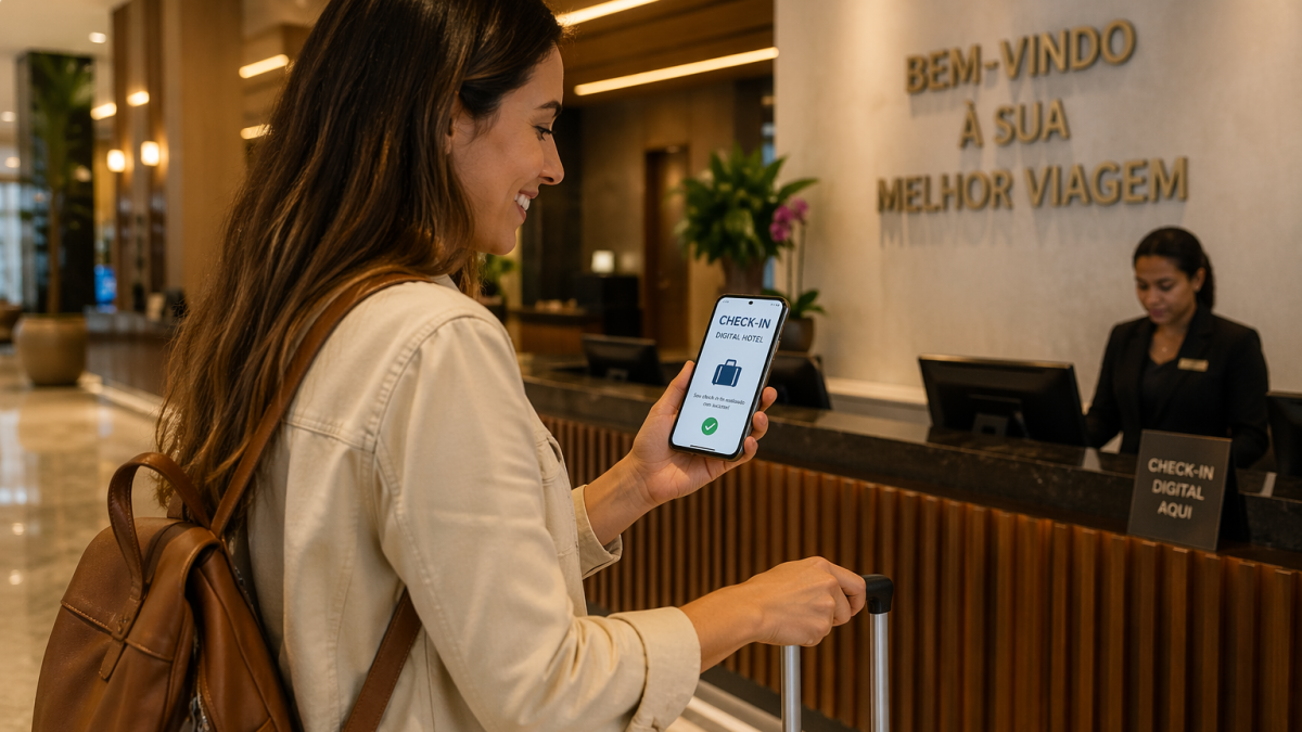check-in digital hotel mulher usando celular na recepção de hotel no Brasil