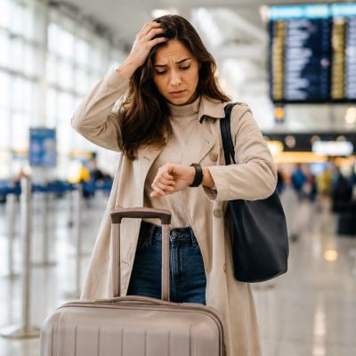 Mulher preocupada em aeroporto com mala de bordo olhando o relógio durante fila de embarque