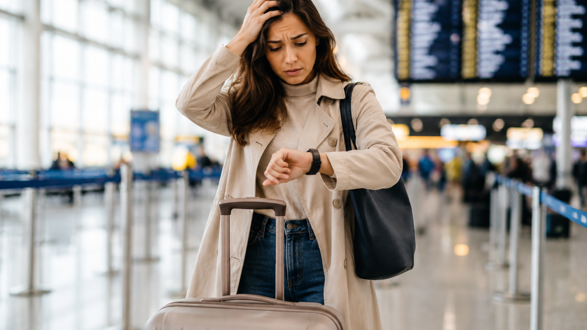 Mulher preocupada em aeroporto com mala de bordo olhando o relógio durante fila de embarque