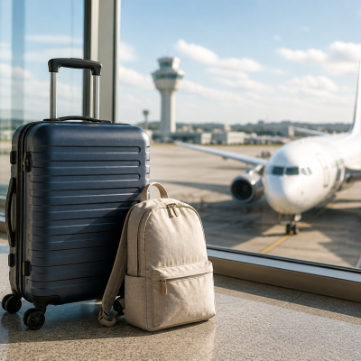 mala de bordo e mochila em aeroporto com avião ao fundo pronta para viagem
