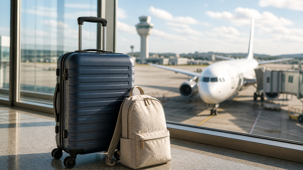 mala de bordo e mochila em aeroporto com avião ao fundo pronta para viagem
