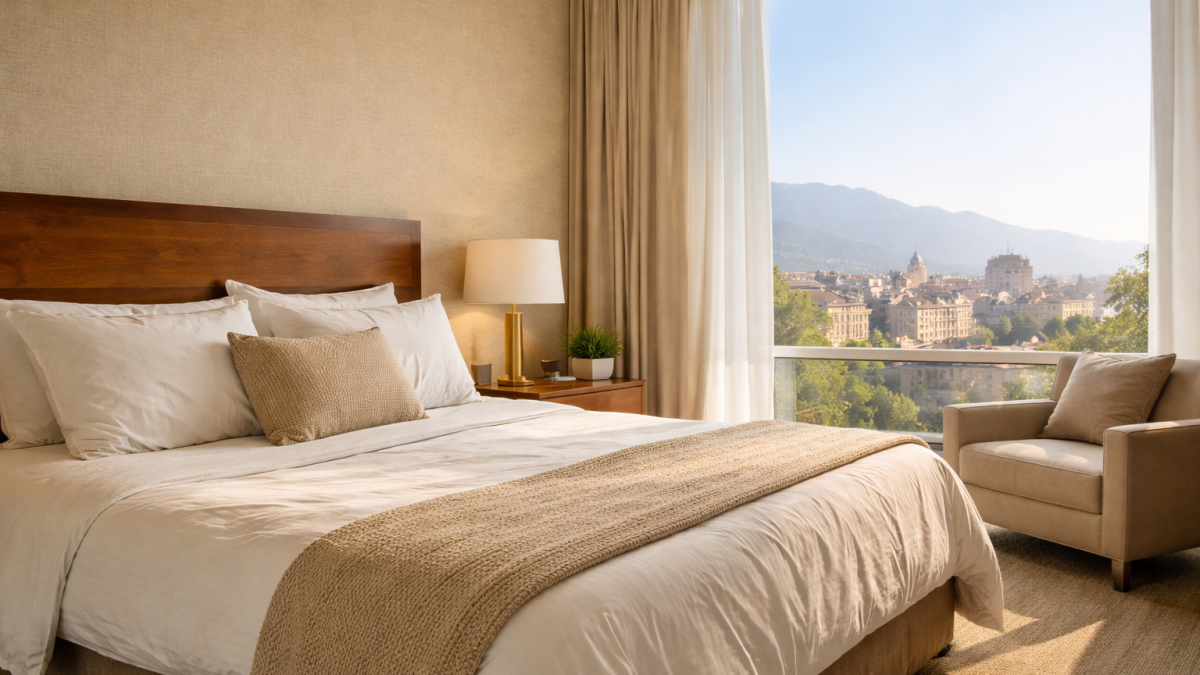 quarto de hotel confortável com cama grande e vista para a cidade iluminado por luz natural